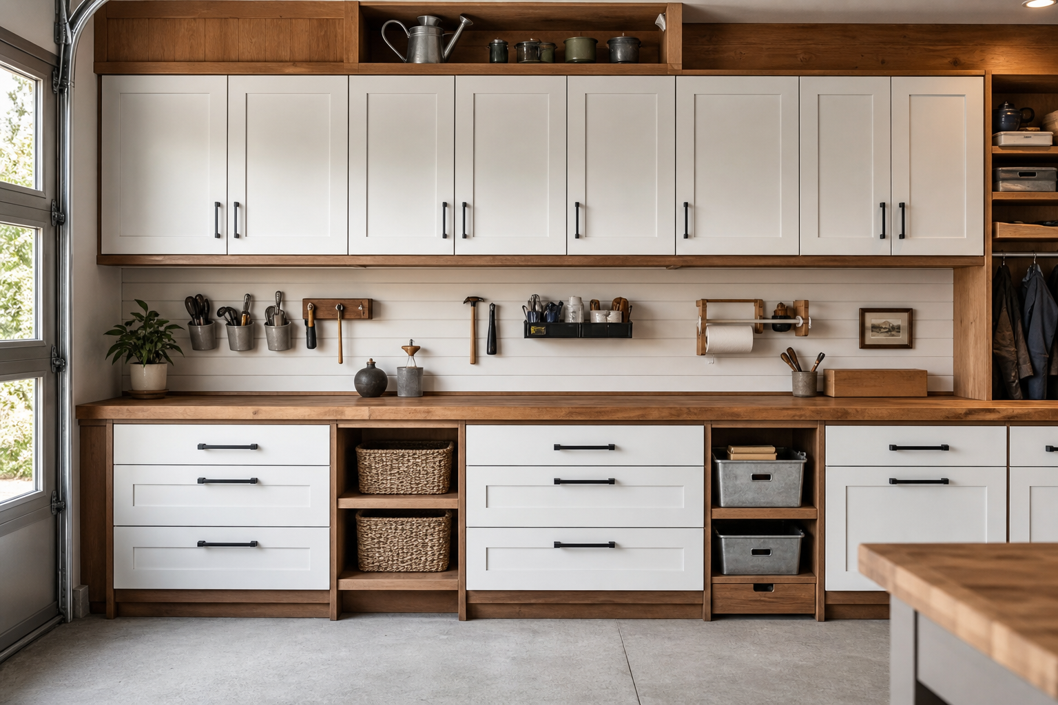 Installed garage wall cabinets and workbench storage